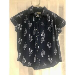 Style & Co Womens Navy Blue Floral Cotton Gauze Button Down Shirt PM Petite